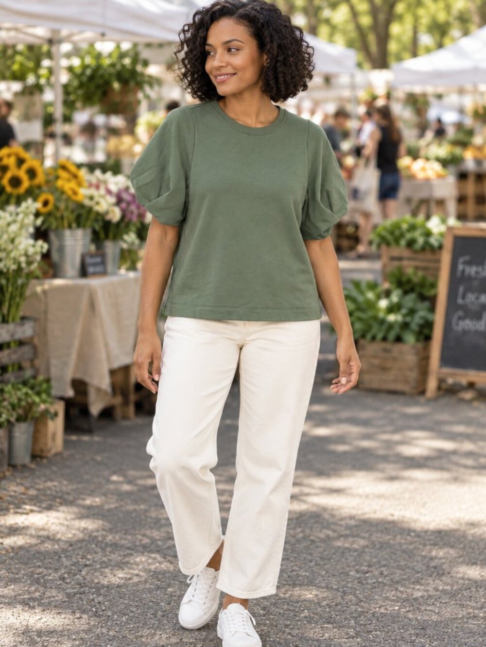 Free Assembly Olive Green Tulip Sleeve French Terry Sweatshirt Top XS